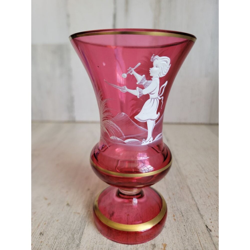 Mary Gregory vintage red bohemian gold trim vase girl collectible glass‎